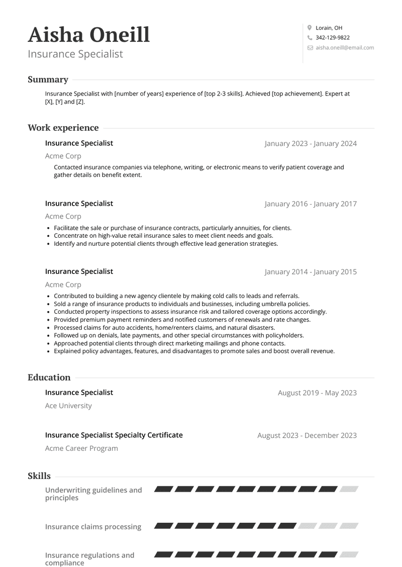 Insurance Specialist Resume Sample and Template