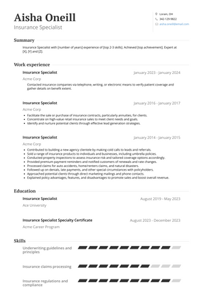 Insurance Specialist Resume Sample and Template