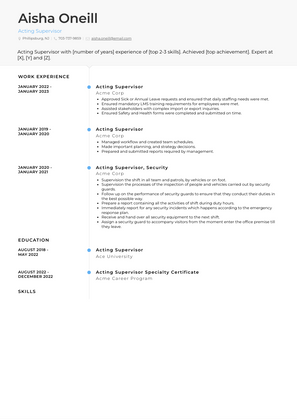 Acting Supervisor Resume Sample and Template