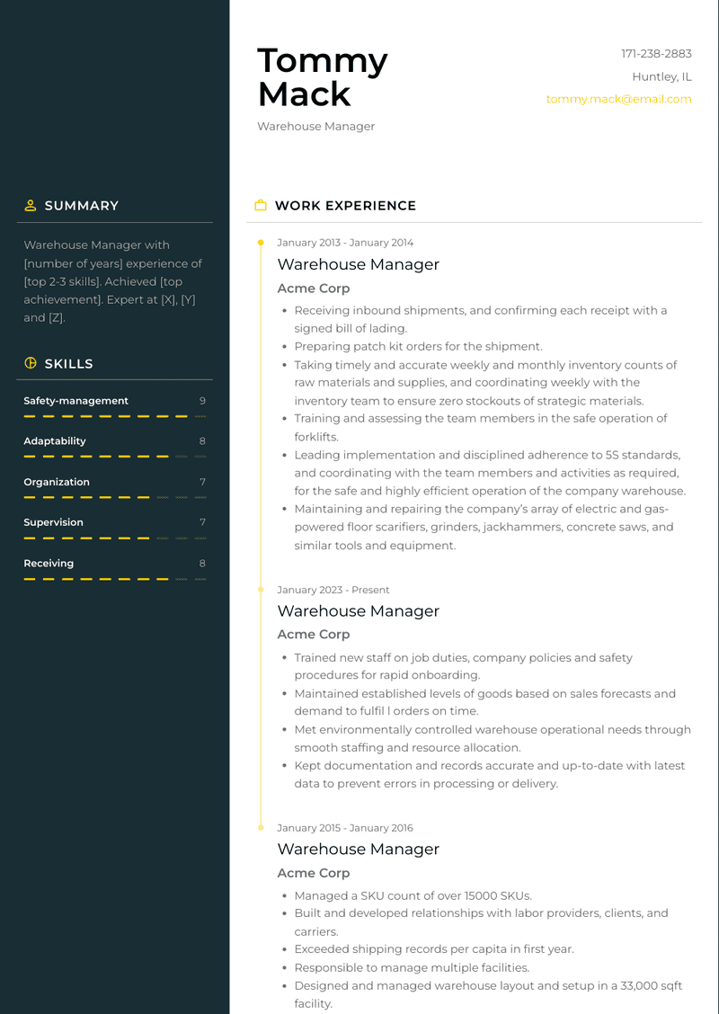 Warehouse Manager Resume Sample and Template