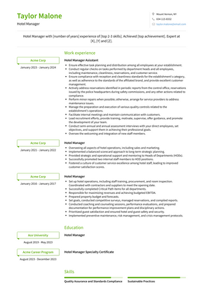 Hotel Manager Resume Sample and Template