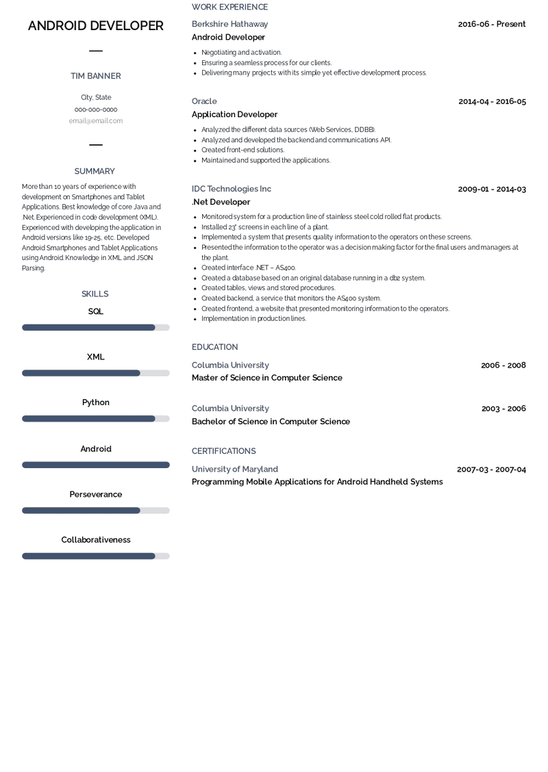 Android Developer Resume Sample and Template
