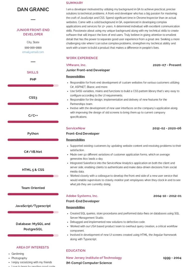 Junior React Developer Resume