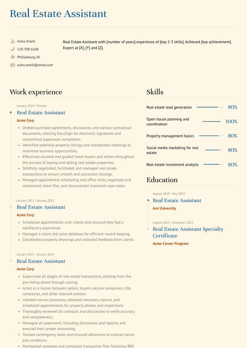 Real Estate Assistant Resume Sample and Template