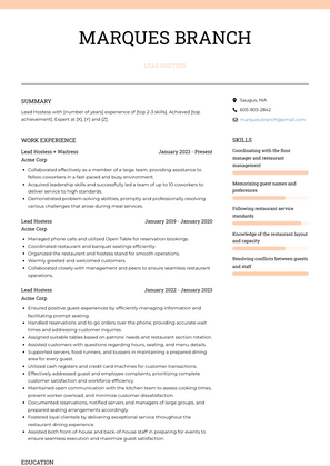 Lead Hostess Resume Sample and Template