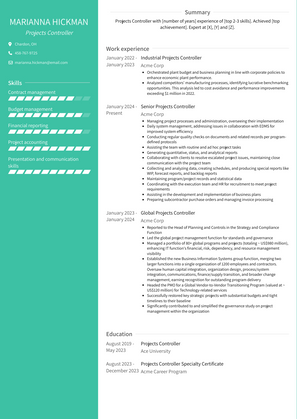 Projects Controller Resume Sample and Template