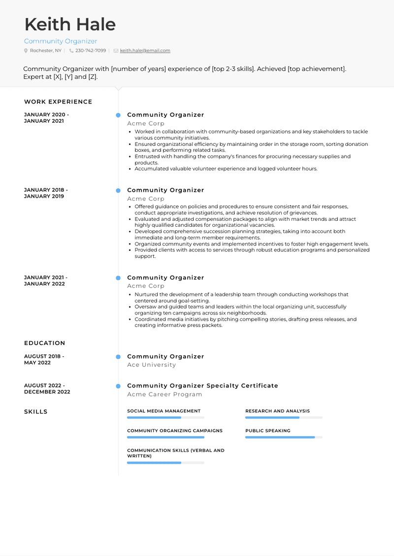 Community Organizer Resume Sample and Template