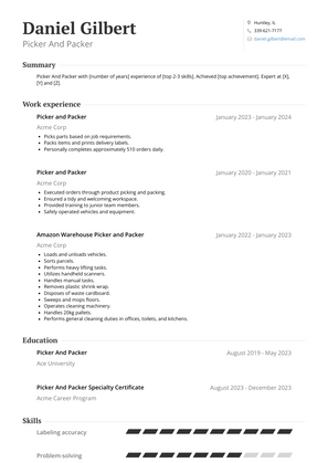 Picker And Packer Resume Sample and Template
