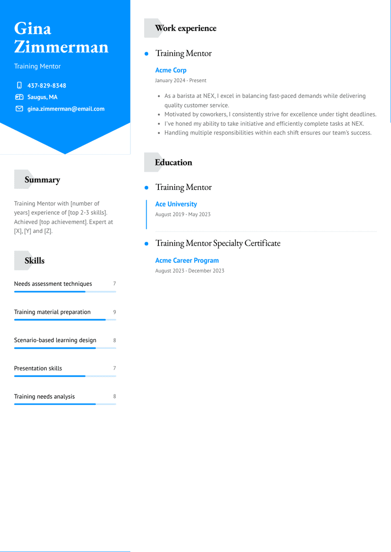 Training Mentor Resume Sample and Template