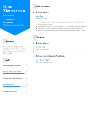Training Mentor Resume Sample and Template