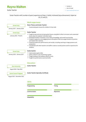 Guitar Teacher Resume Sample and Template