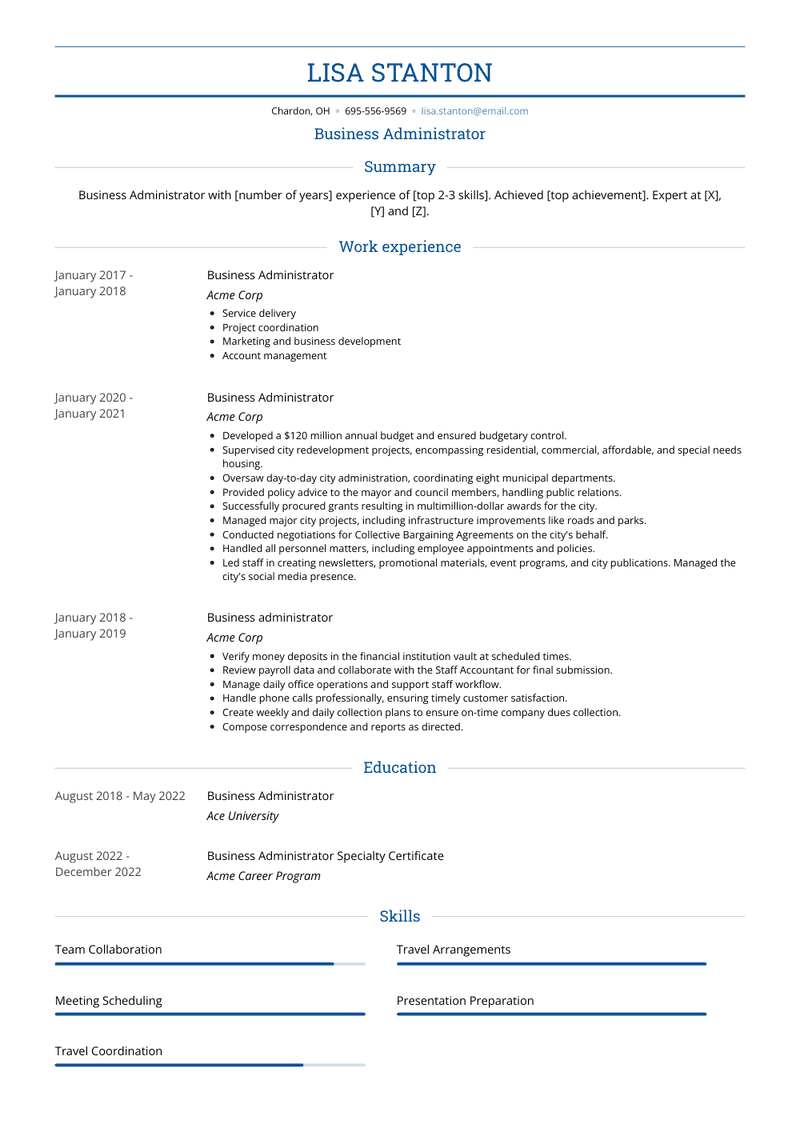 Business Administrator Resume Sample and Template