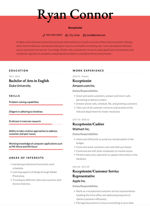 Receptionist CV Example and Template