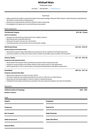 Production Intern Resume Sample and Template