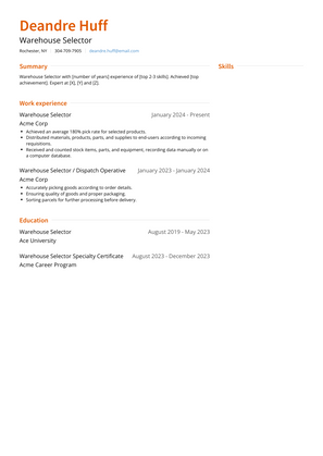 Warehouse Selector Resume Sample and Template
