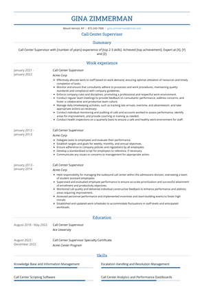 Call Center Supervisor Resume Sample and Template