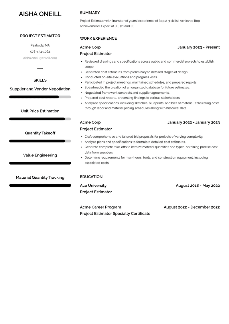 Project Estimator Resume Sample and Template