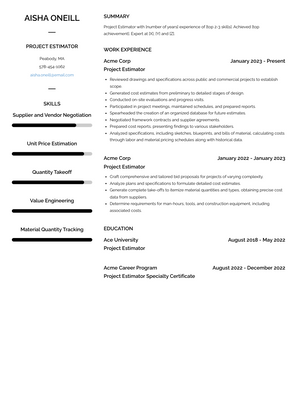Project Estimator Resume Sample and Template