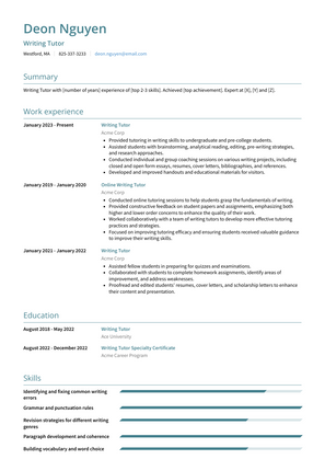 Writing Tutor Resume Sample and Template