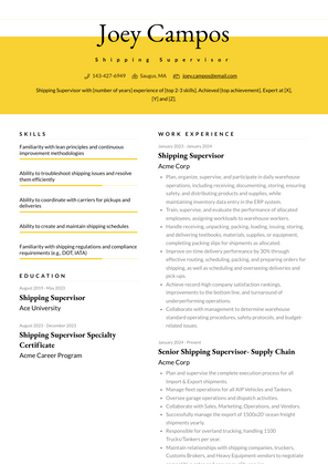 Shipping Supervisor Resume Sample and Template