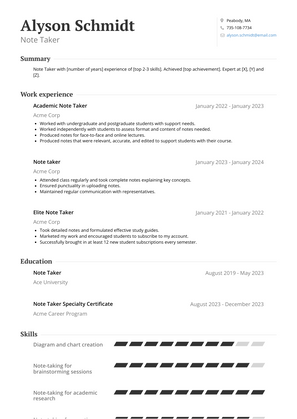 Note Taker Resume Sample and Template