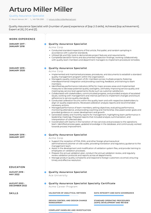 Quality Assurance Specialist Resume Sample and Template