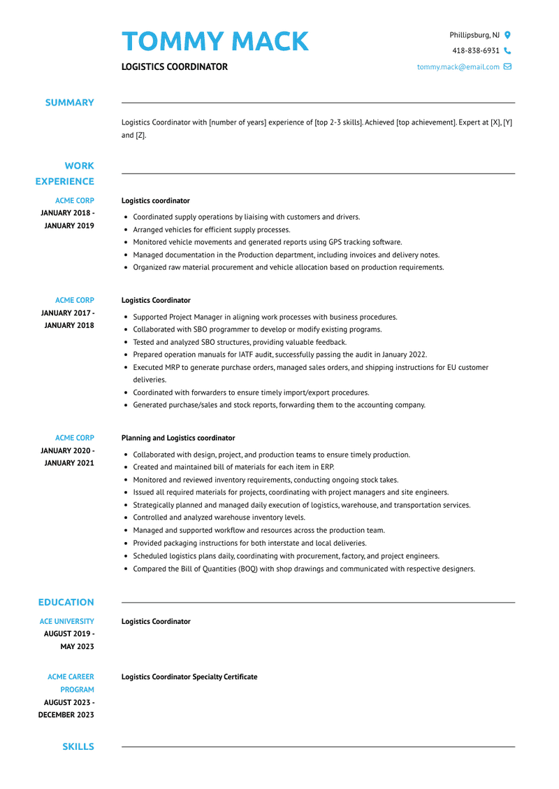 Logistics Coordinator Resume Sample and Template