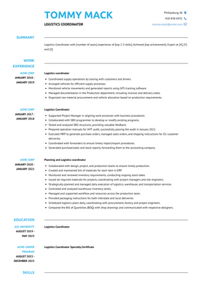 Logistics Coordinator Resume Sample and Template