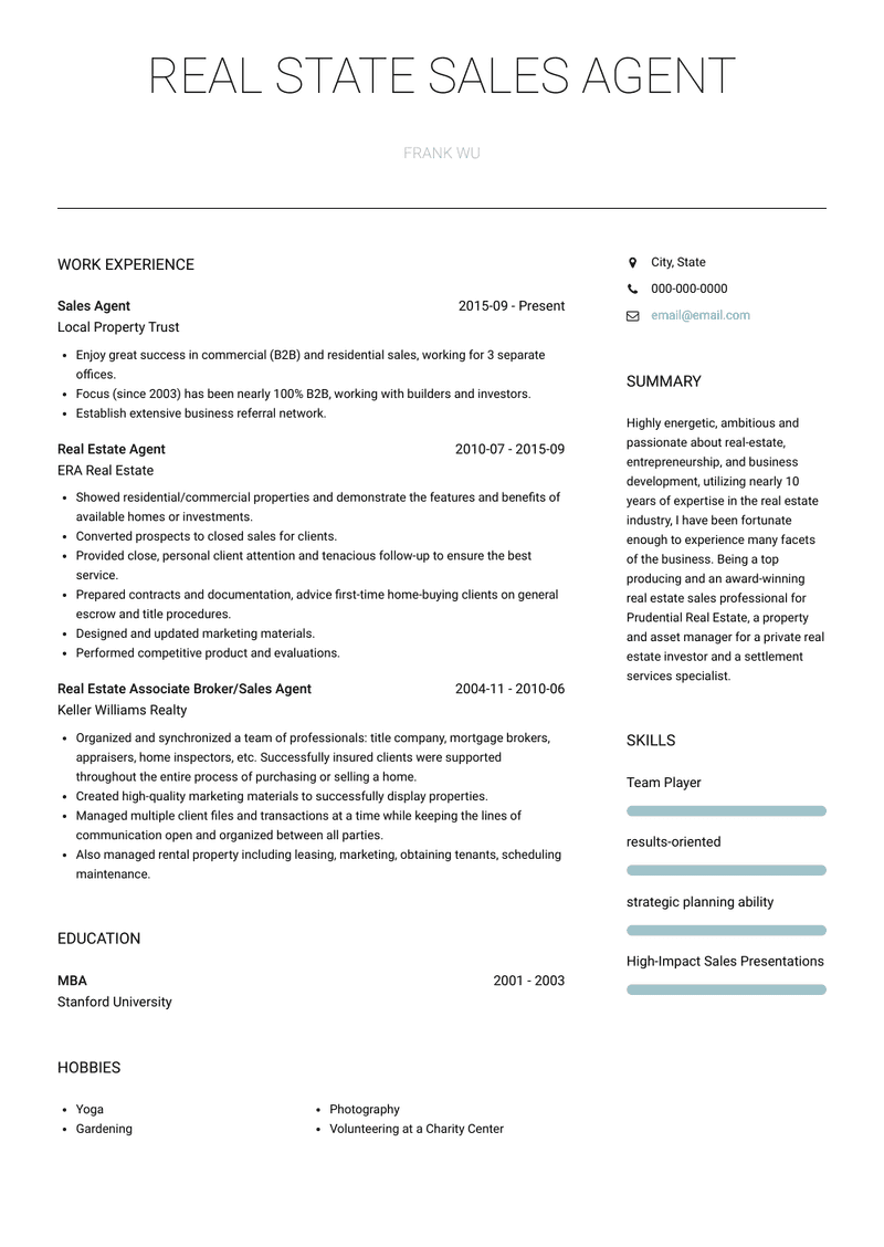 Real State Sales Agent Resume Sample and Template