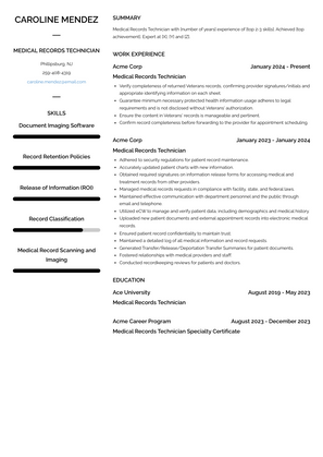 Medical Records Technician Resume Sample and Template