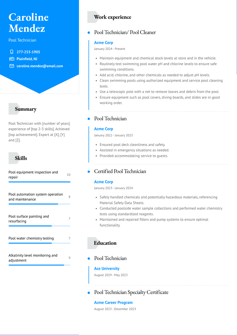 Pool Technician Resume Sample and Template