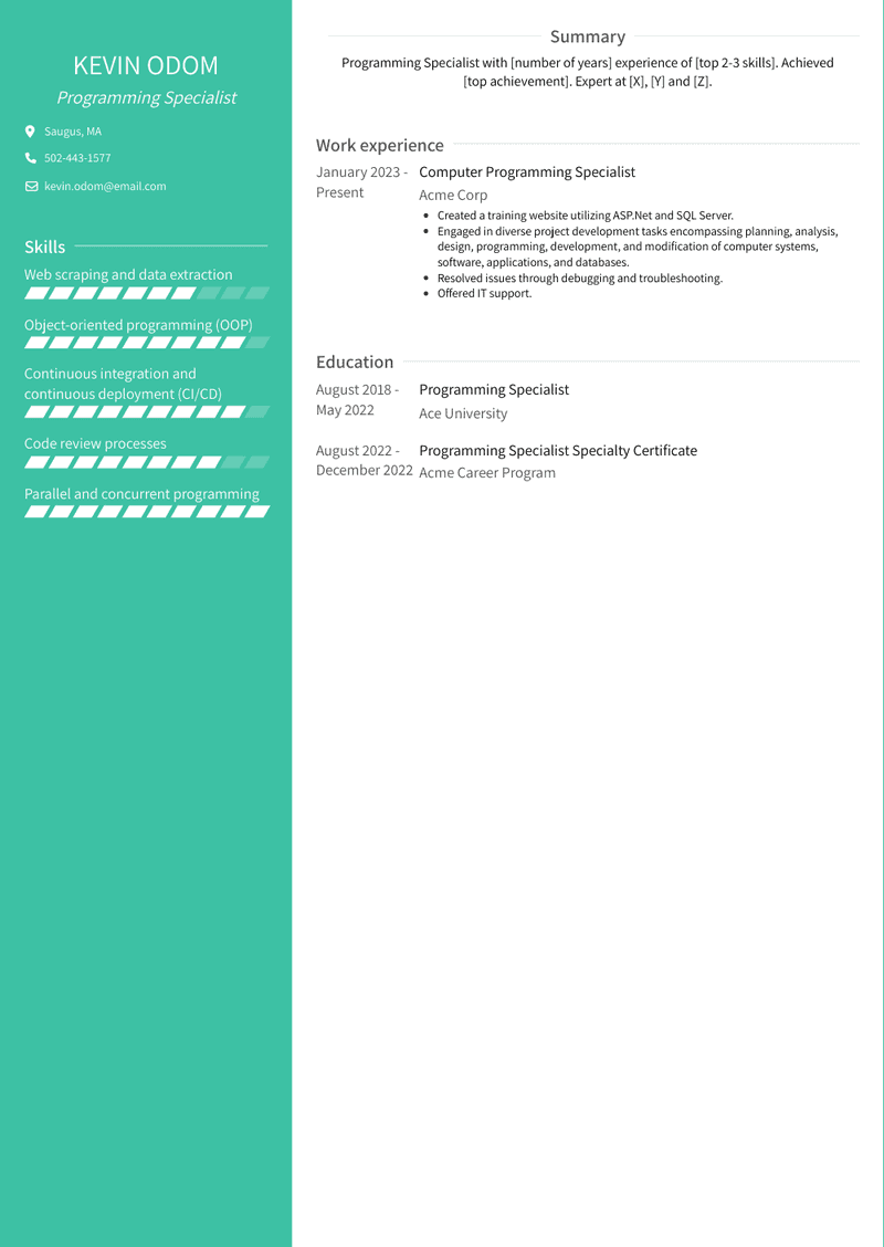 Programming Specialist Resume Sample and Template