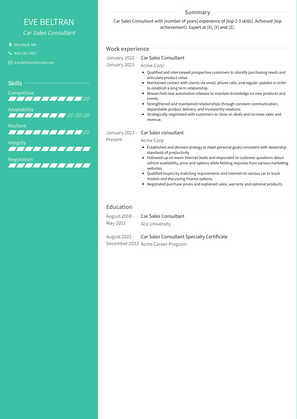 Car Sales Consultant Resume Sample and Template