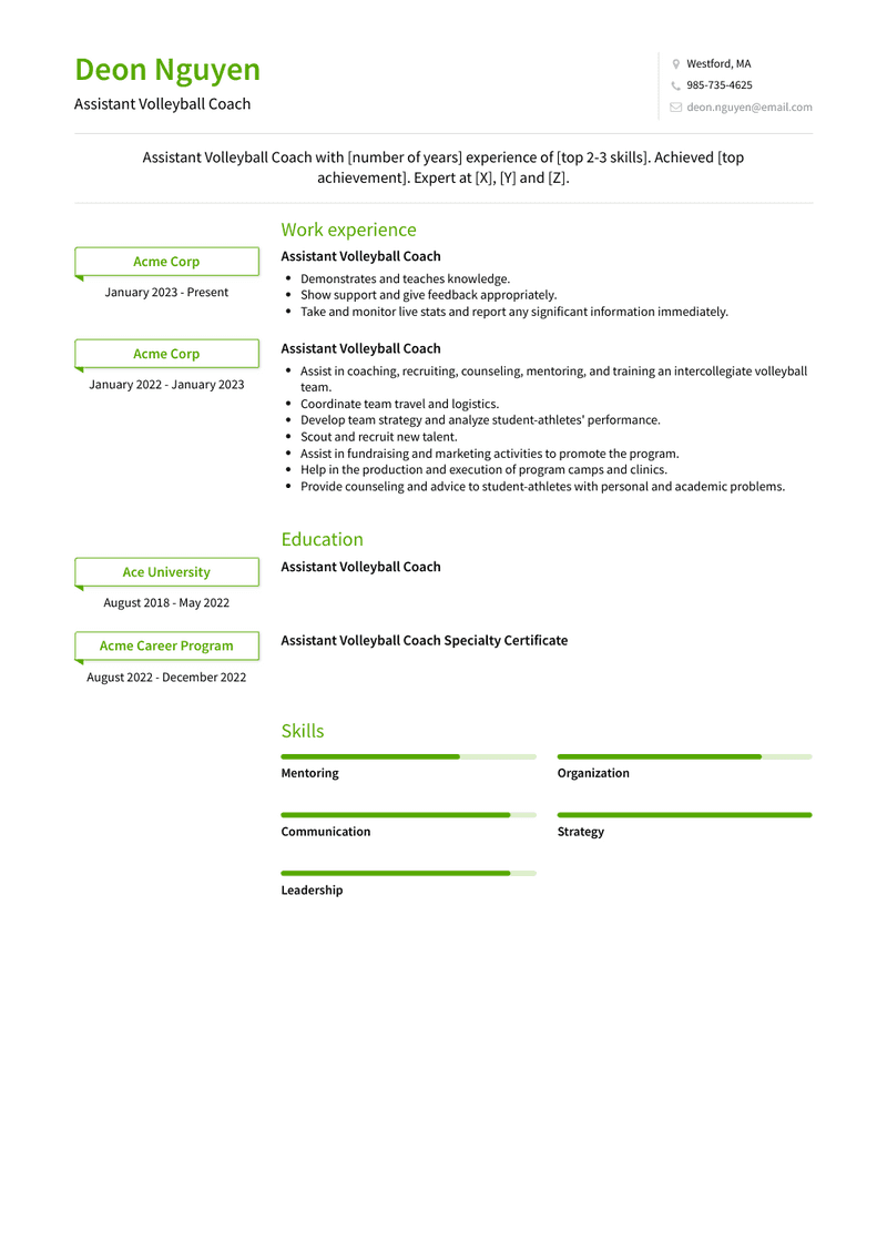 Assistant Volleyball Coach Resume Sample and Template