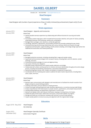 Head Designer Resume Sample and Template