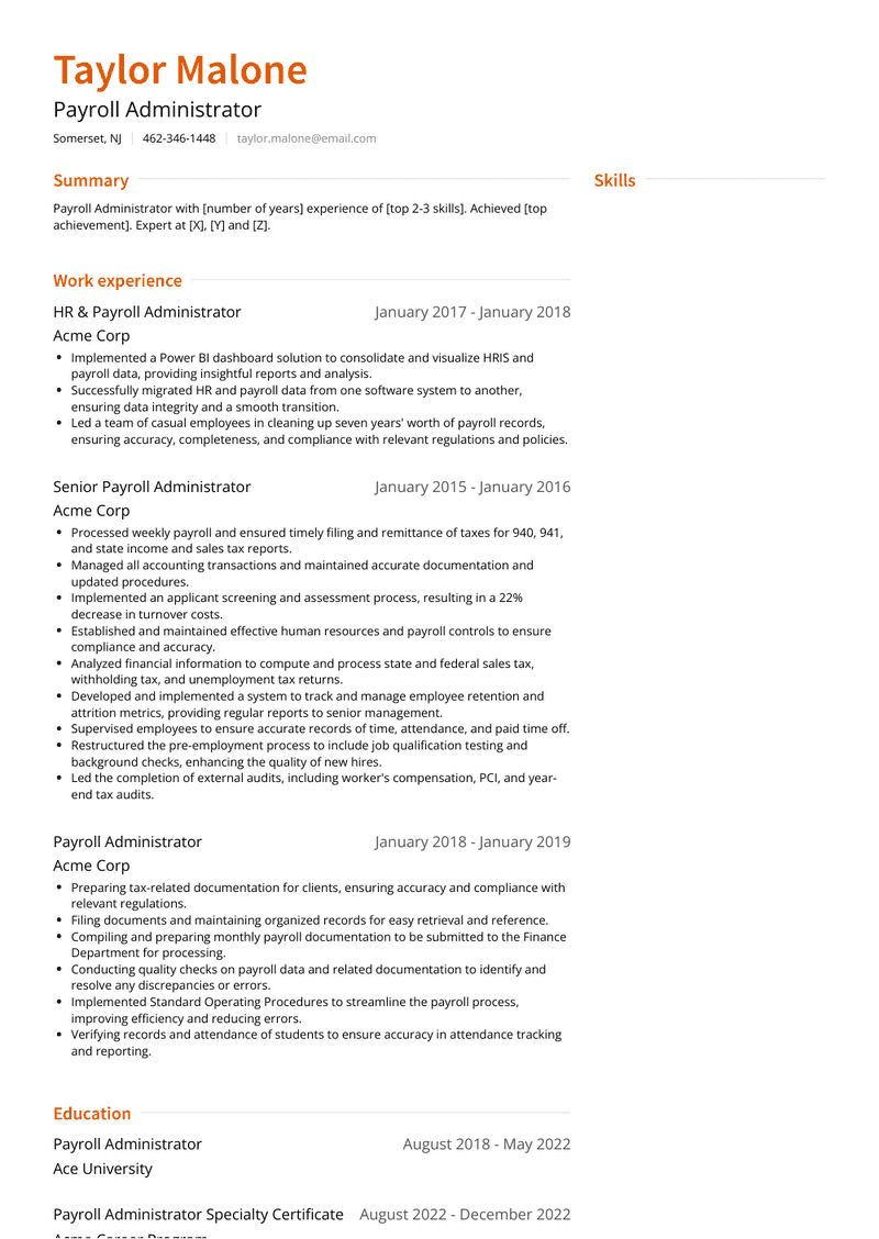 Payroll Administrator Resume Sample and Template