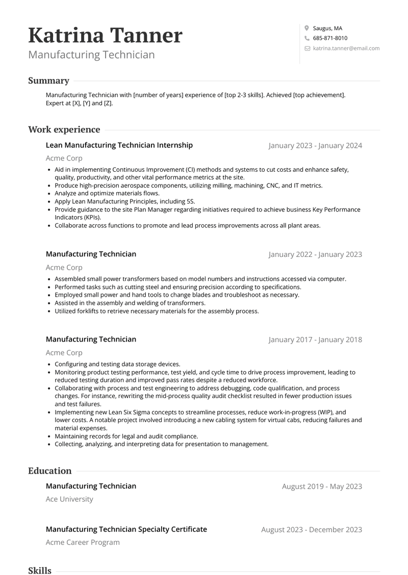 Manufacturing Technician Resume Sample and Template