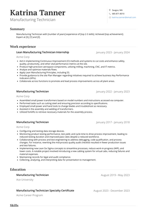 Manufacturing Technician Resume Sample and Template