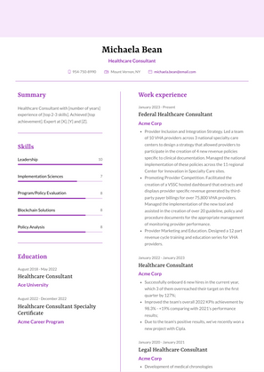 Healthcare Consultant Resume Sample and Template
