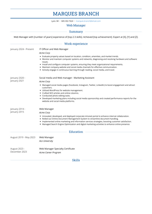 Web Manager Resume Sample and Template