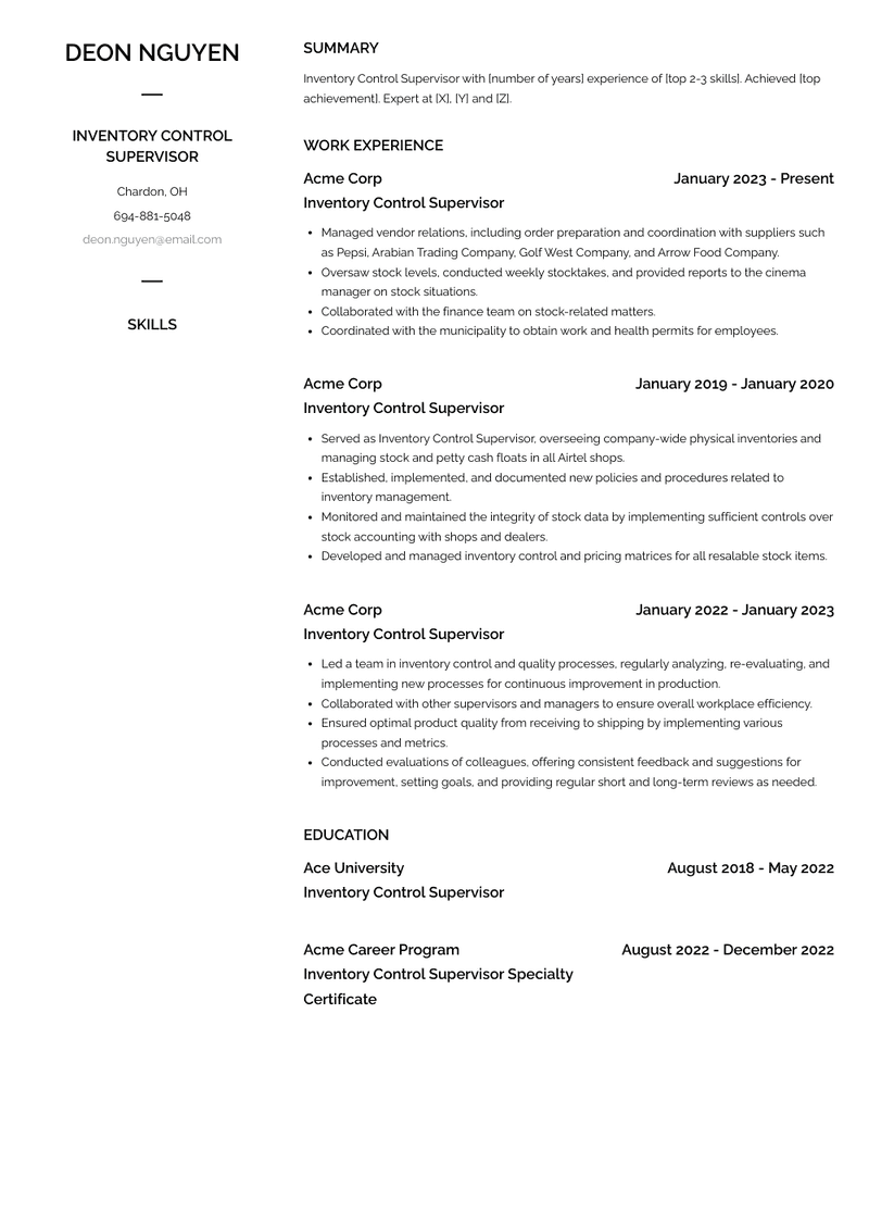 Inventory Control Supervisor Resume Sample and Template