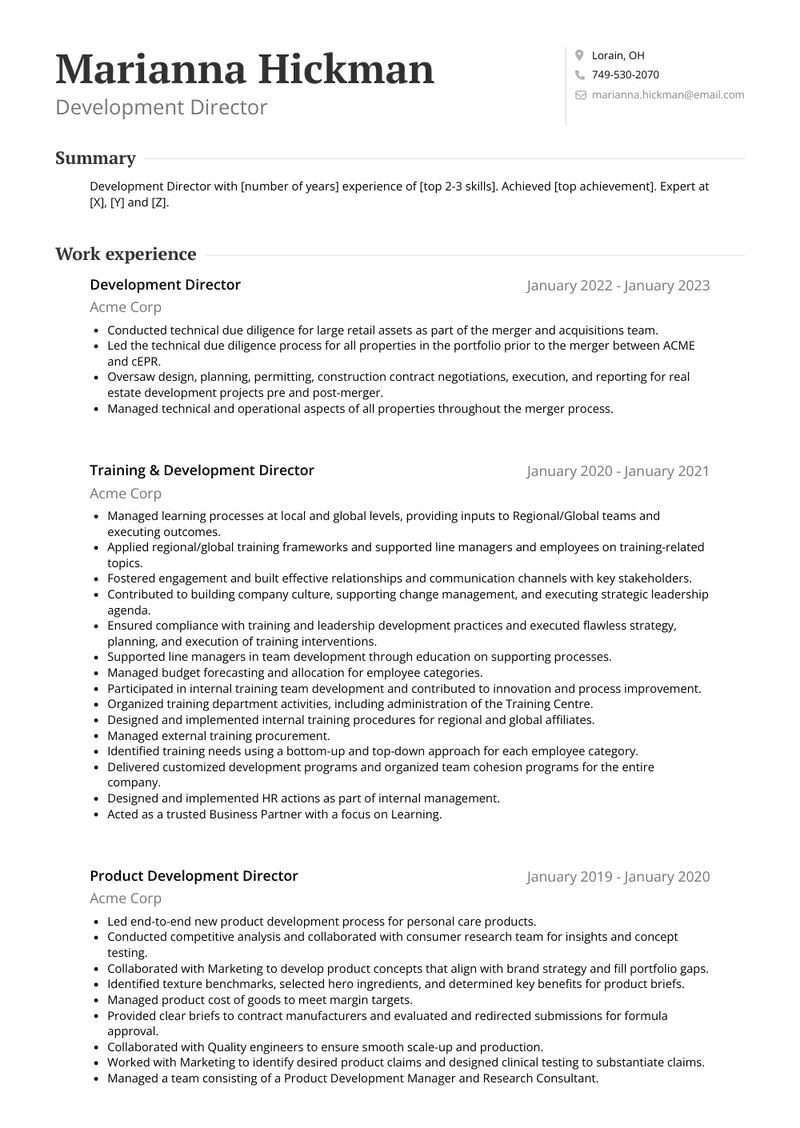 Development Director Resume Sample and Template