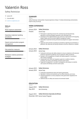 Safety Technician Resume Sample and Template
