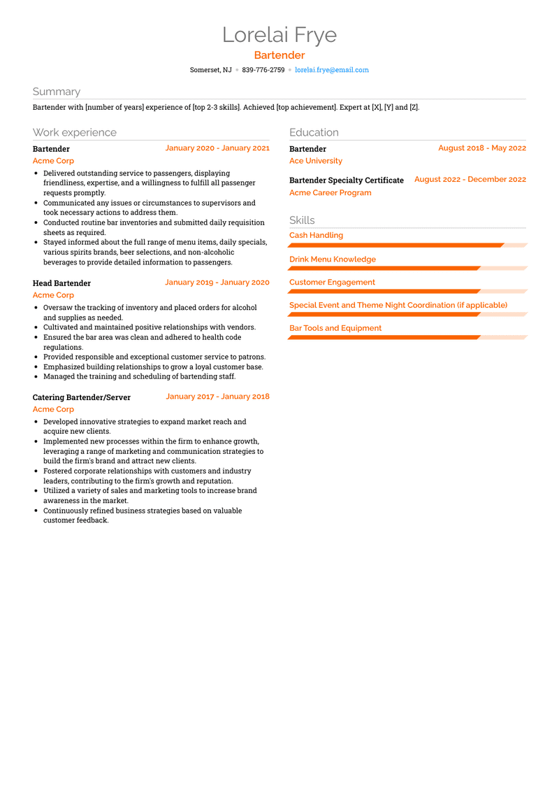 Bartender Resume Sample and Template