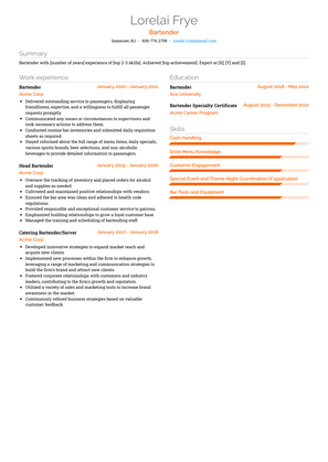 Bartender Resume Sample and Template