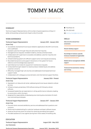Technical Support Representative Resume Sample and Template