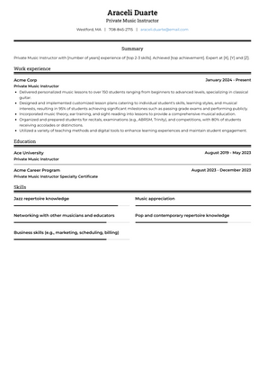 Private Music Instructor Resume Sample and Template