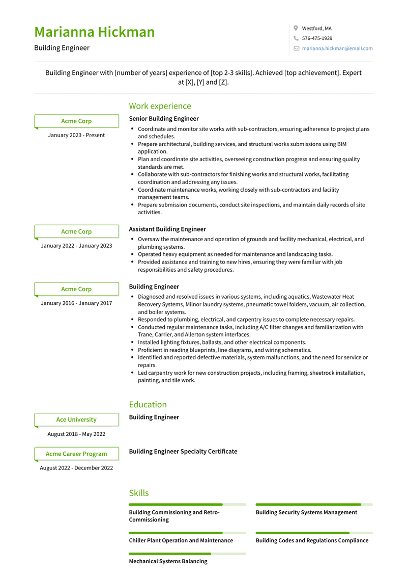 Building Engineer Resume Sample and Template