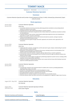 Customer Retention Specialist Resume Sample and Template