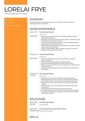 Housekeeping Manager Resume Sample and Template